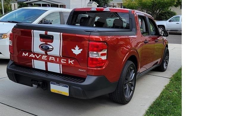 Ford Maverick Added Racing Stripes to my HPR Dropped Maverick - Thoughts? Racing MAV wMaple Leaf_Silver letters