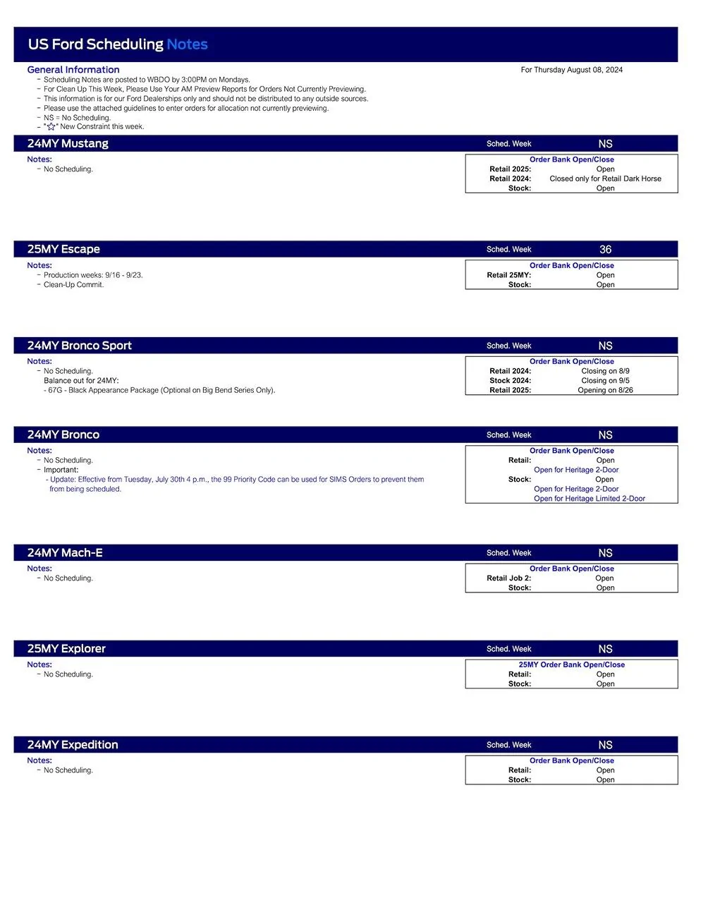 Ford Maverick 2024 Maverick Scheduling This Week (8/8/24) for Production Weeks 9/2 - 9/23 US Ford Scheduling Notes - 8.05.24-1