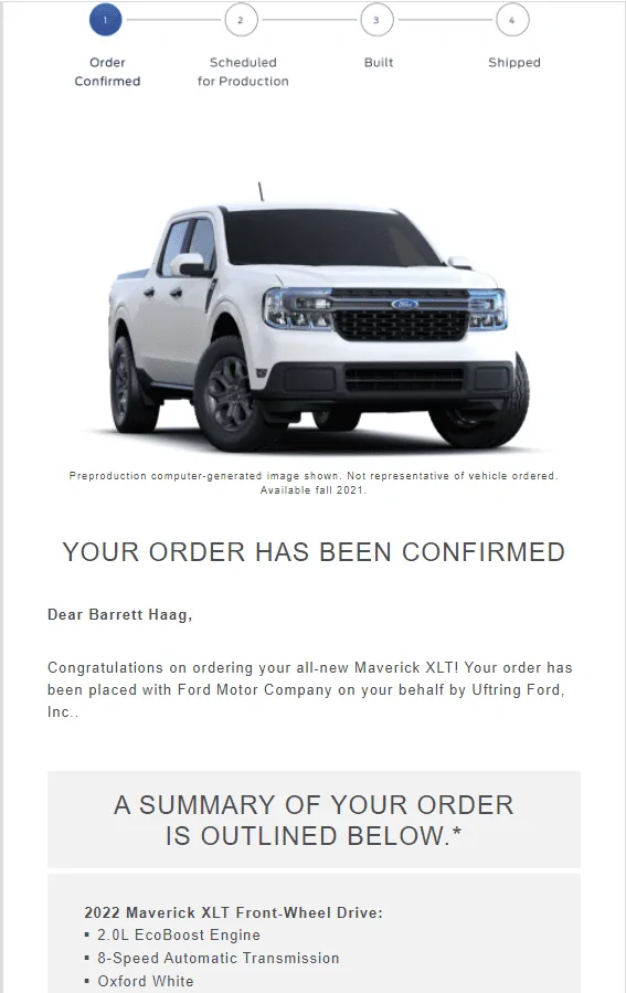 Ford Maverick Ordered via Dealer -- They seem clueless confirmation email