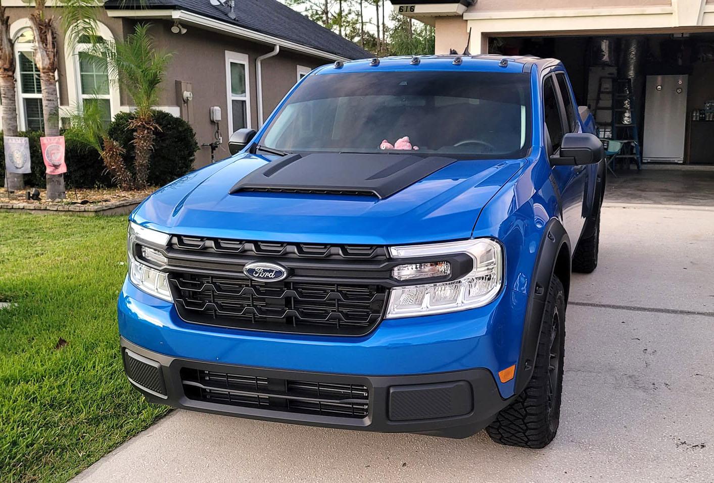 Ford Maverick Velocity Blue Maverick Modified w/ Cab Marker Lights, Hood Scoop, Cab Roof Spoiler, Tailgate Spoiler, Black Tailgate Applique, Fender Flares 2022 Ford Maverick Gets Roof Lights, Hood Scoop, Cab Roof Spoiler, Tailgate Spoiler, Black Tai