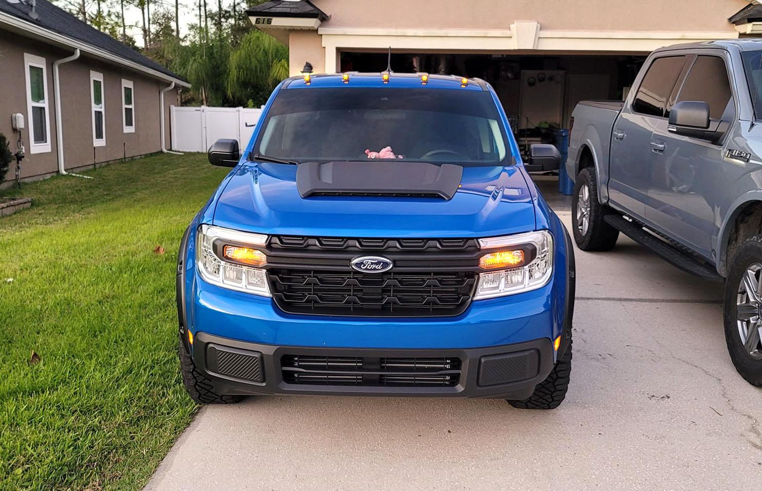 Ford Maverick Velocity Blue Maverick Modified w/ Cab Marker Lights, Hood Scoop, Cab Roof Spoiler, Tailgate Spoiler, Black Tailgate Applique, Fender Flares 2022 Ford Maverick Gets Roof Lights, Hood Scoop, Cab Roof Spoiler, Tailgate Spoiler, Black Tai
