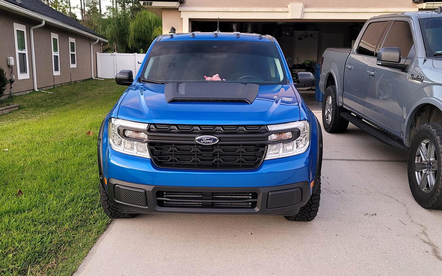 Ford Maverick Velocity Blue Maverick Modified w/ Cab Marker Lights, Hood Scoop, Cab Roof Spoiler, Tailgate Spoiler, Black Tailgate Applique, Fender Flares 2022 Ford Maverick Gets Roof Lights, Hood Scoop, Cab Roof Spoiler, Tailgate Spoiler, Black Tai