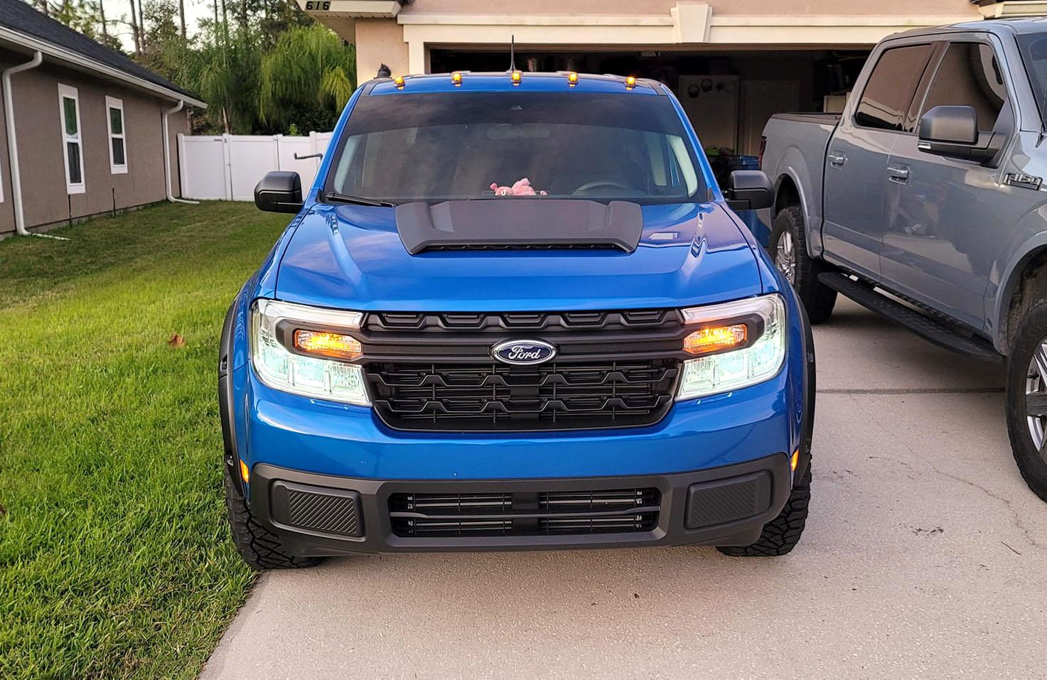 Ford Maverick Velocity Blue Maverick Modified w/ Cab Marker Lights, Hood Scoop, Cab Roof Spoiler, Tailgate Spoiler, Black Tailgate Applique, Fender Flares 2022 Ford Maverick Gets Roof Lights, Hood Scoop, Cab Roof Spoiler, Tailgate Spoiler, Black Tai