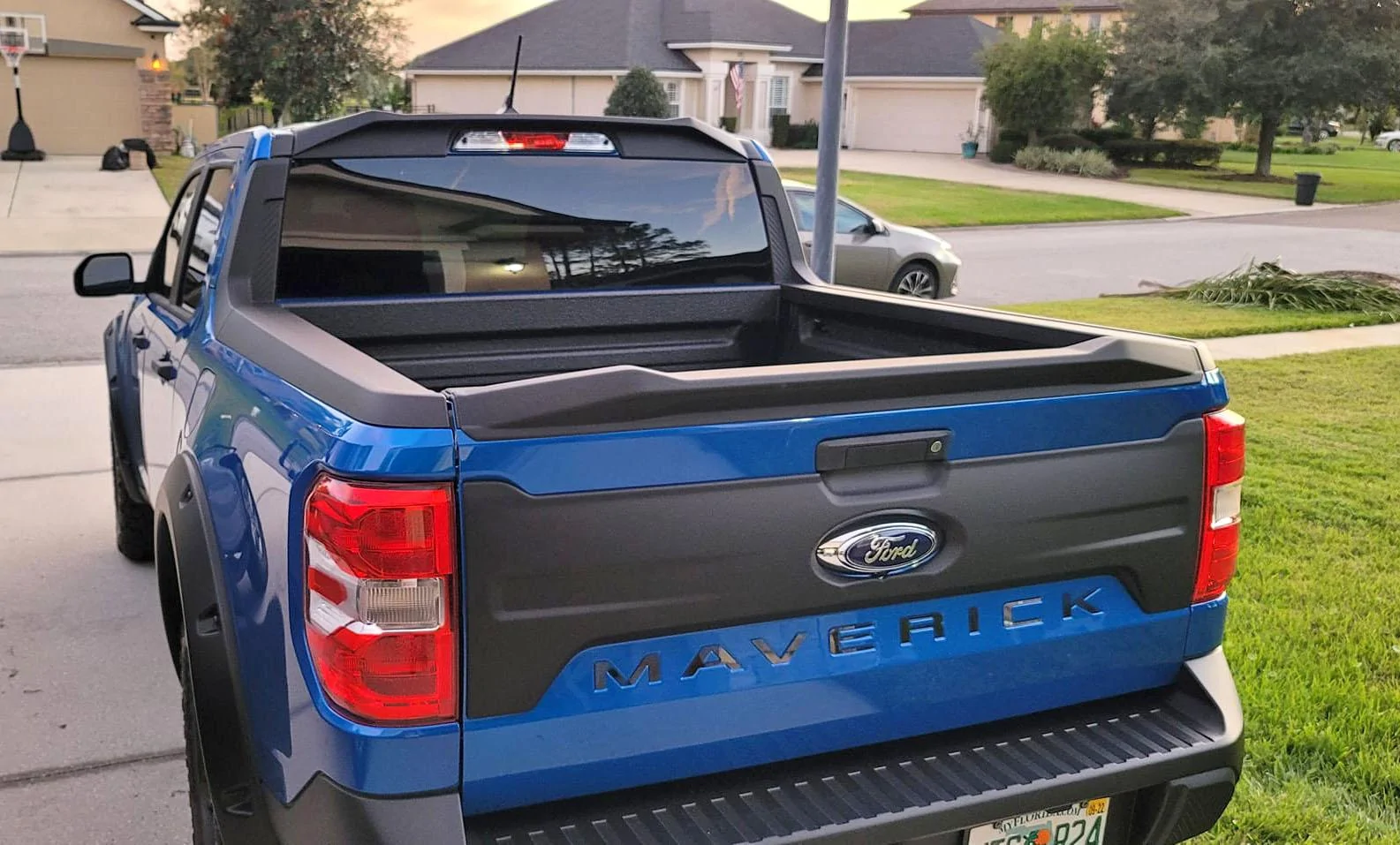 Ford Maverick Velocity Blue Maverick Modified w/ Cab Marker Lights, Hood Scoop, Cab Roof Spoiler, Tailgate Spoiler, Black Tailgate Applique, Fender Flares 2022 Ford Maverick Gets Roof Lights, Hood Scoop, Cab Roof Spoiler, Tailgate Spoiler, Black Ta