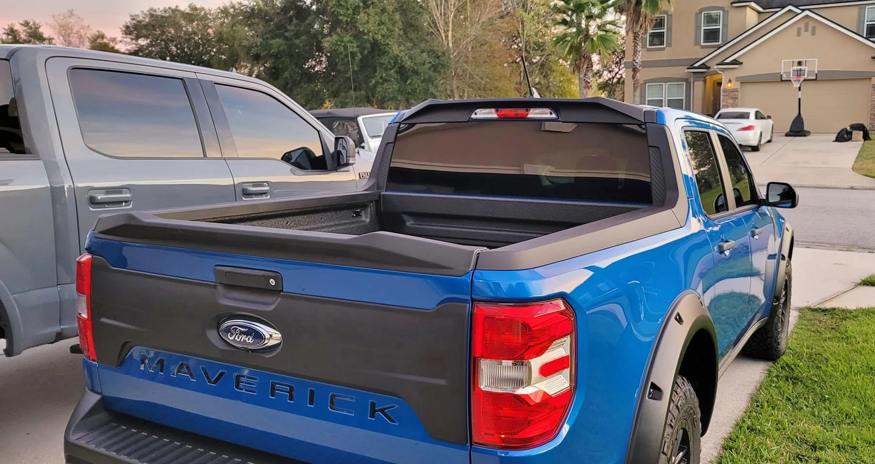 Ford Maverick Velocity Blue Maverick Modified w/ Cab Marker Lights, Hood Scoop, Cab Roof Spoiler, Tailgate Spoiler, Black Tailgate Applique, Fender Flares 2022 Ford Maverick Gets Roof Lights, Hood Scoop, Cab Roof Spoiler, Tailgate Spoiler, Black Ta