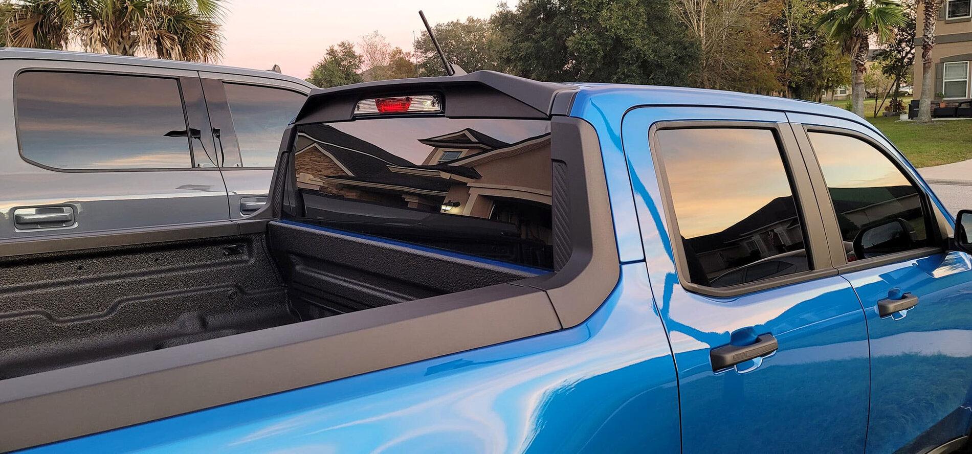 Ford Maverick Velocity Blue Maverick Modified w/ Cab Marker Lights, Hood Scoop, Cab Roof Spoiler, Tailgate Spoiler, Black Tailgate Applique, Fender Flares 2022 Ford Maverick Gets Roof Lights, Hood Scoop, Cab Roof Spoiler, Tailgate Spoiler, Black Tai