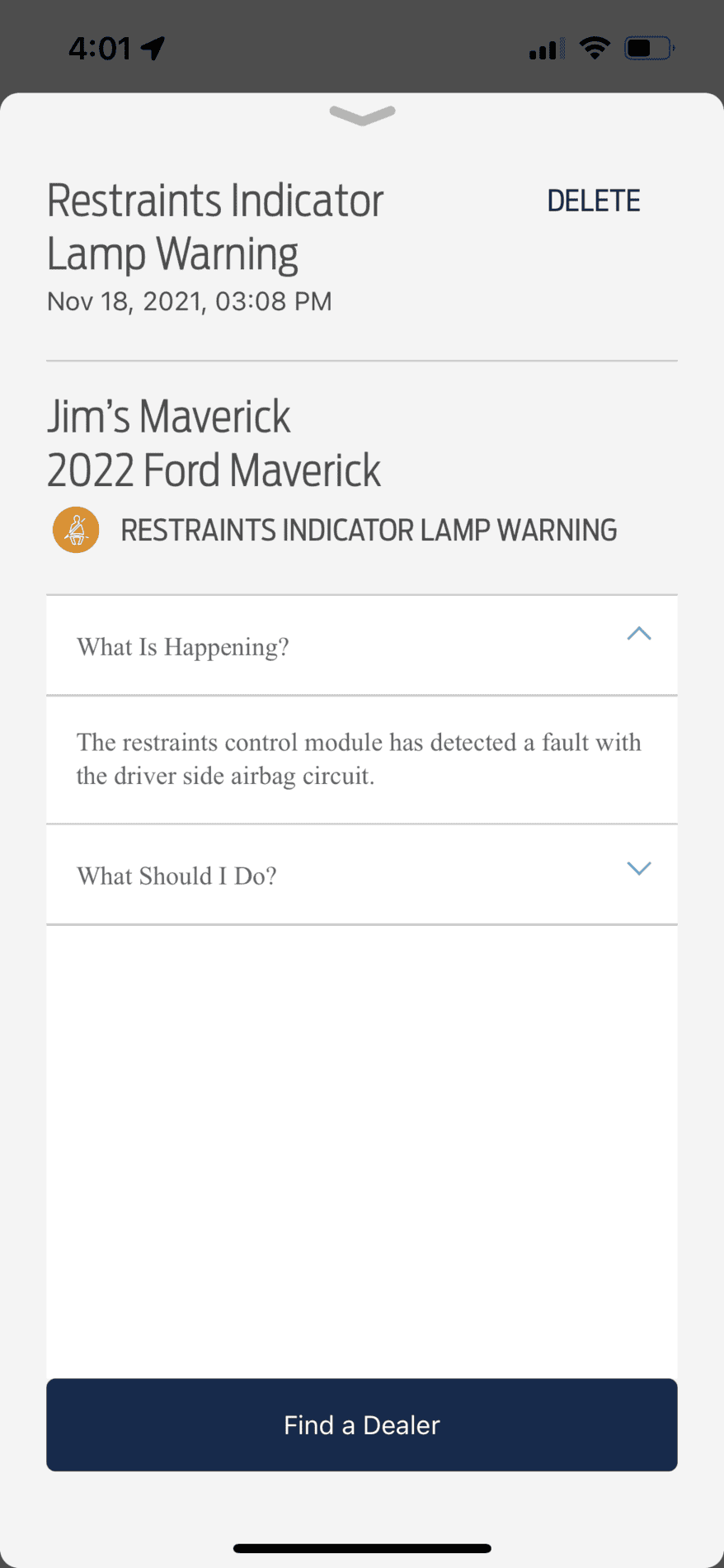 Ford Maverick Restraints Indicator Lamp Warning 755181D3-47AD-47FB-97AE-860890210149
