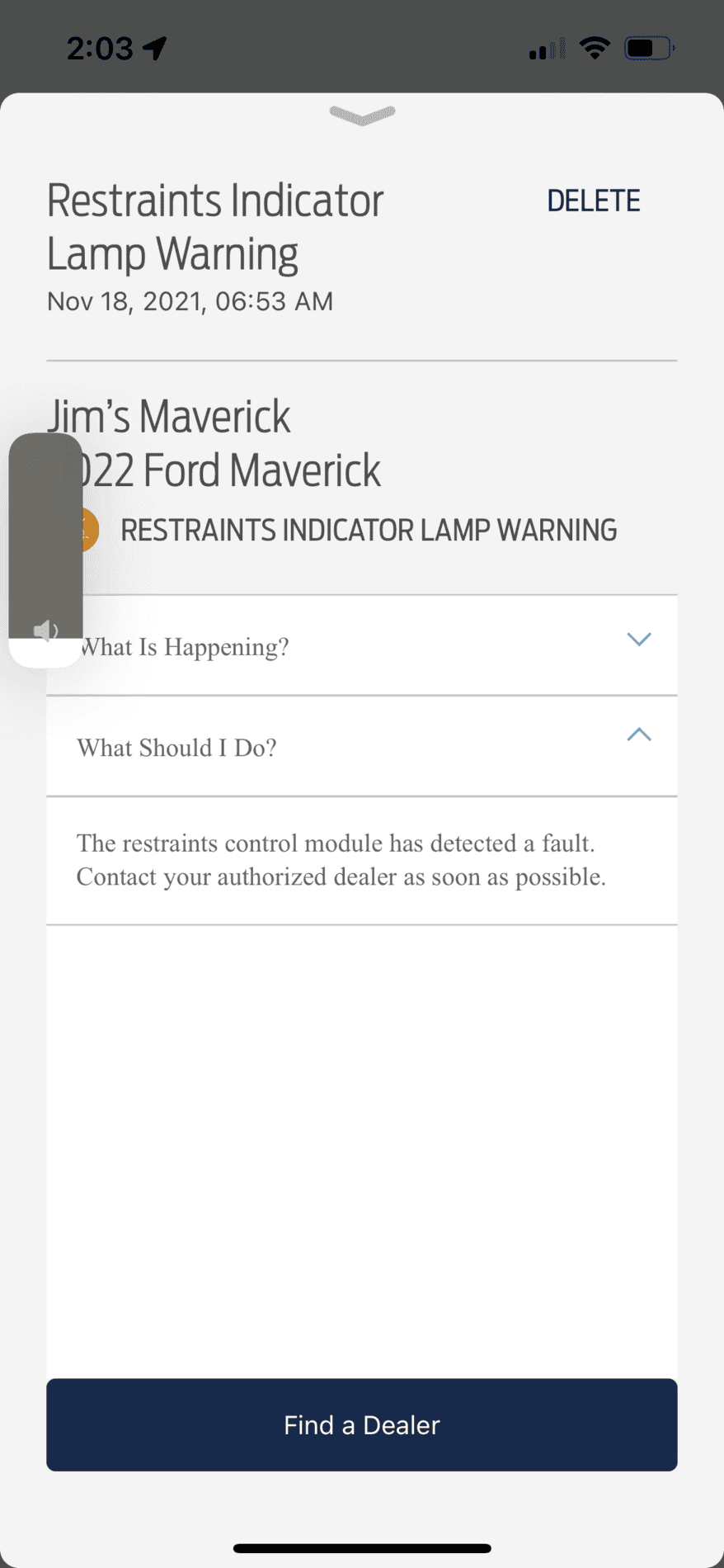 Ford Maverick Restraints Indicator Lamp Warning E750DD56-141E-40B1-88C2-0142A43E6398