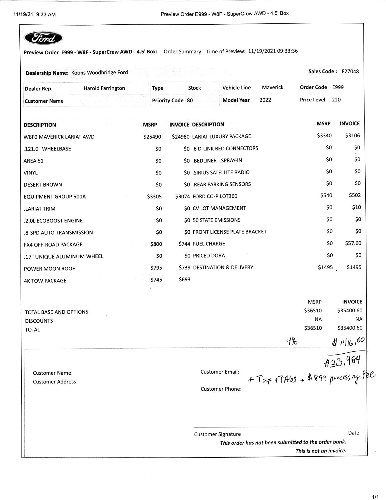 Ford Maverick Koons Woodbridge Ford 4% below invoice on Forum Orders. Woodbridge VA. Exampl