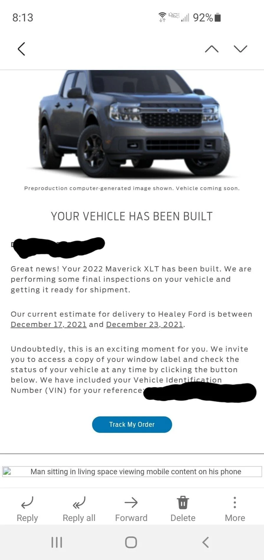 Ford Maverick Got my latest email. Built and awaiting shipment. Screenshot_20211119-081306_Email