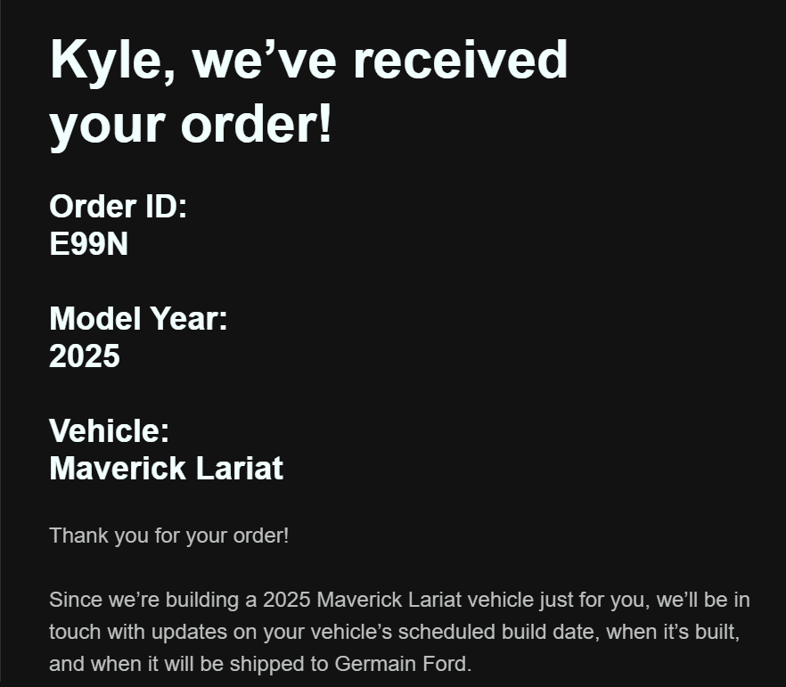 Ford Maverick 2025 order number confirmation email? 1723496328320-s9