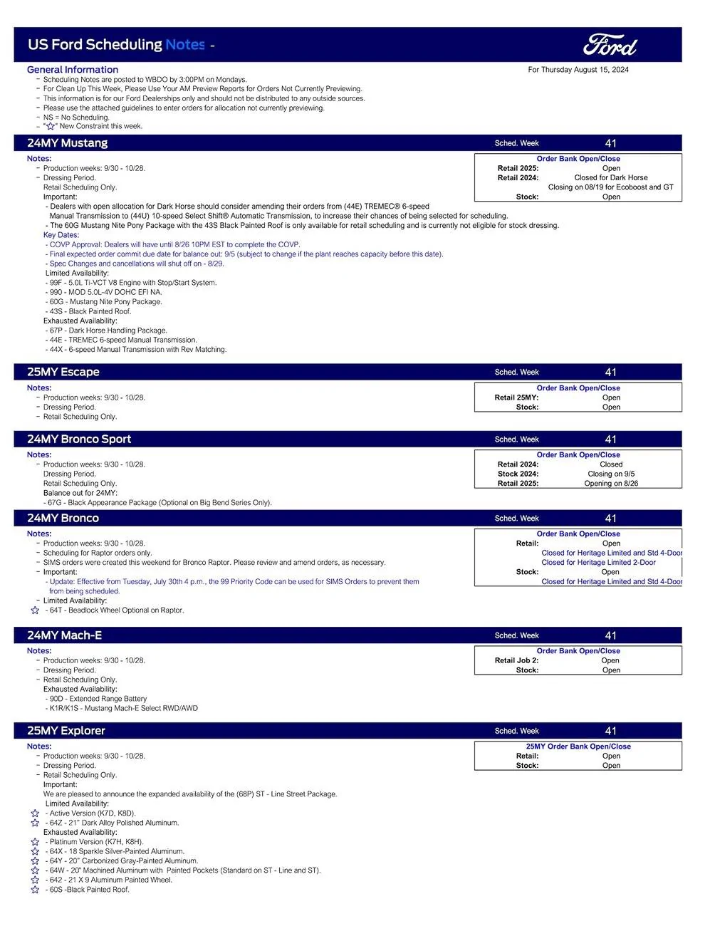 Ford Maverick 2024 Maverick Scheduling This Week (8/15/24) for Production Weeks 9/30 - 10/28 US Ford Scheduling Notes - 8.12.24-1