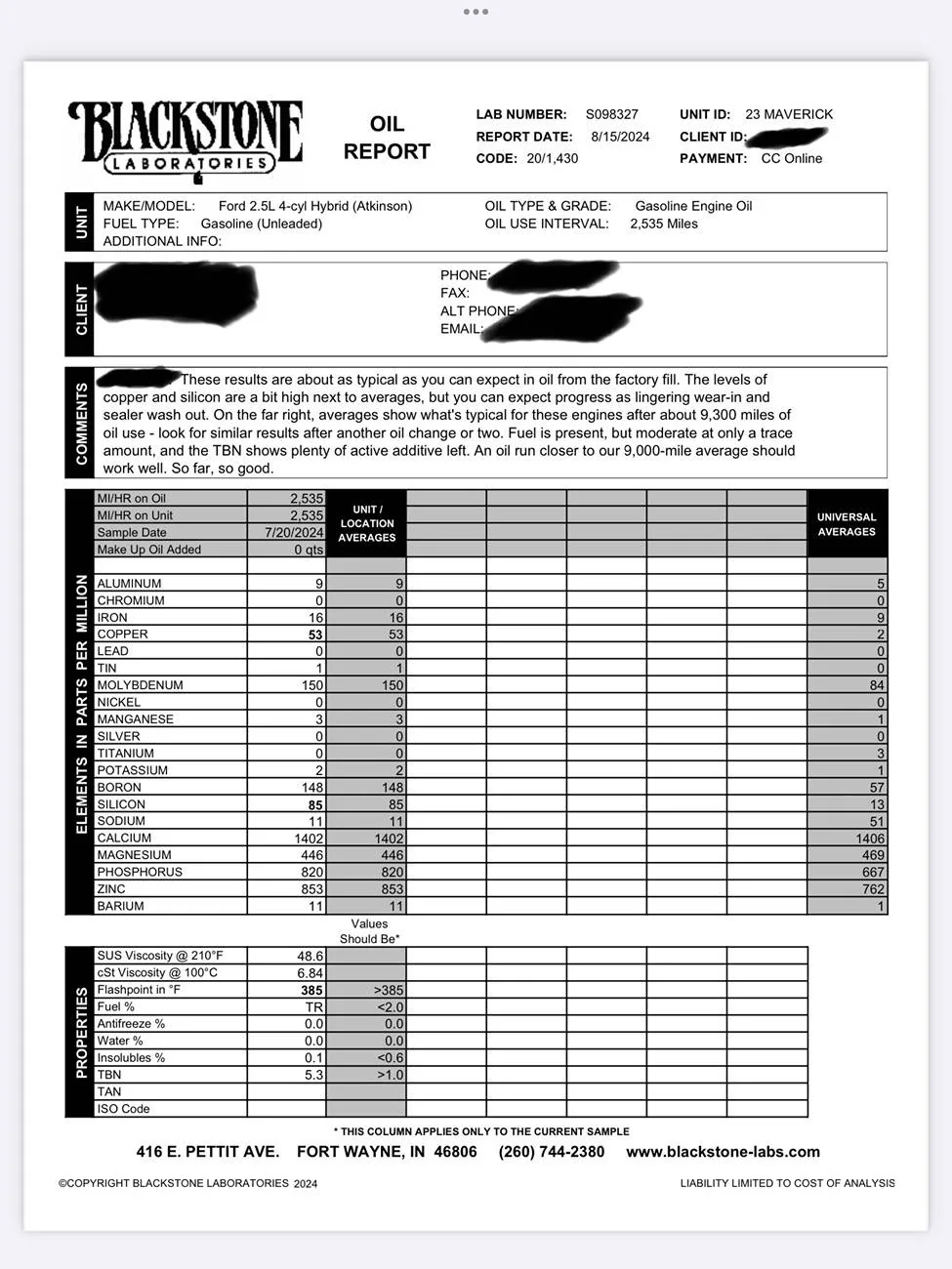 Ford Maverick 0% Oil Life, First Oil Change Blackstone Results on 2023 Hybrid Maverick 20240815_225632000_iOS