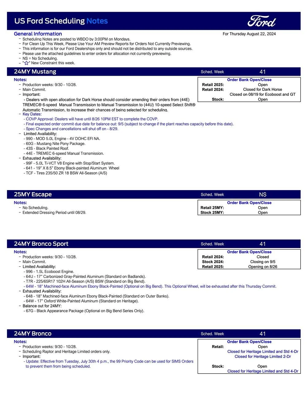 Ford Maverick 2024 Maverick Scheduling This Week (8/22/24) for Production Weeks 9/30 - 10/28 US Ford Scheduling Notes - 8.19.24-1