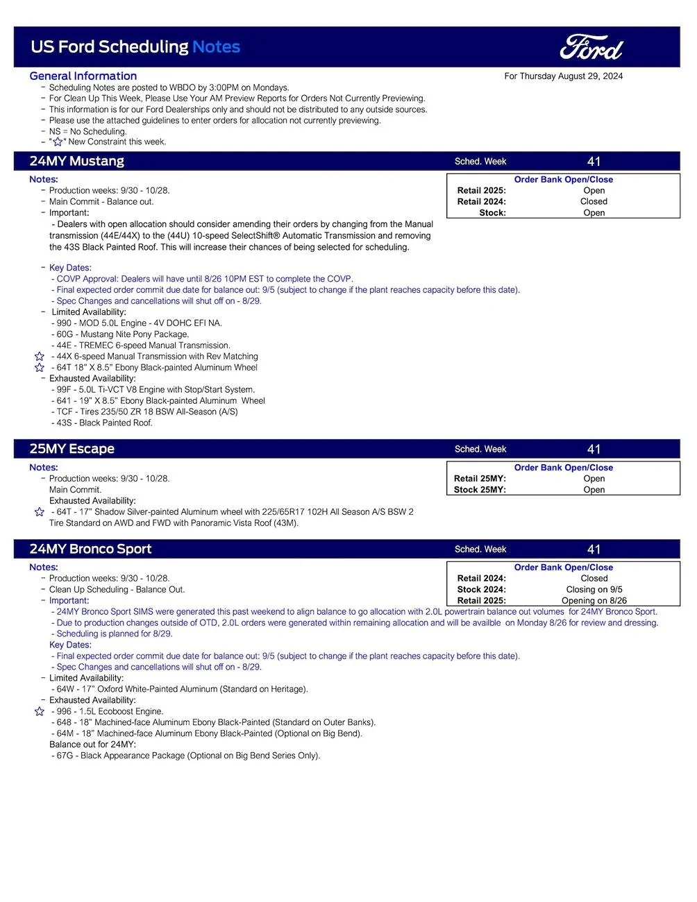 Ford Maverick 2024 Maverick Scheduling This Week (8/29/24) for Production Weeks 9/30 - 10/28 US Ford Scheduling Notes - 8.27.24-1
