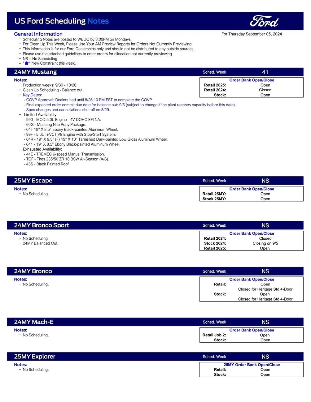 Ford Maverick 2024 Maverick Scheduling This Week (9/5/24) for Production Weeks 9/30 - 10/28 US Ford Scheduling Notes - 9.3.24-1