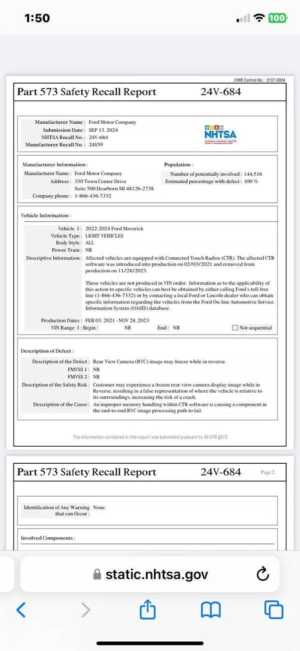 Ford Maverick Recall 24V684 - Frozen Reverse Image (Reverse Camera Freeze) w/ Connected Touch Radio (CTR) -- 144K Mavericks (2022-2024) Impacted IMG_0036
