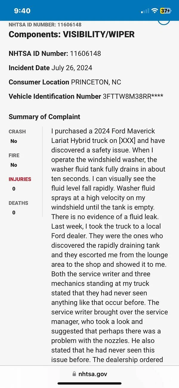 Ford Maverick windshield washer, the washer fluid tank fully drains Only used it 12 times. IMG_0044