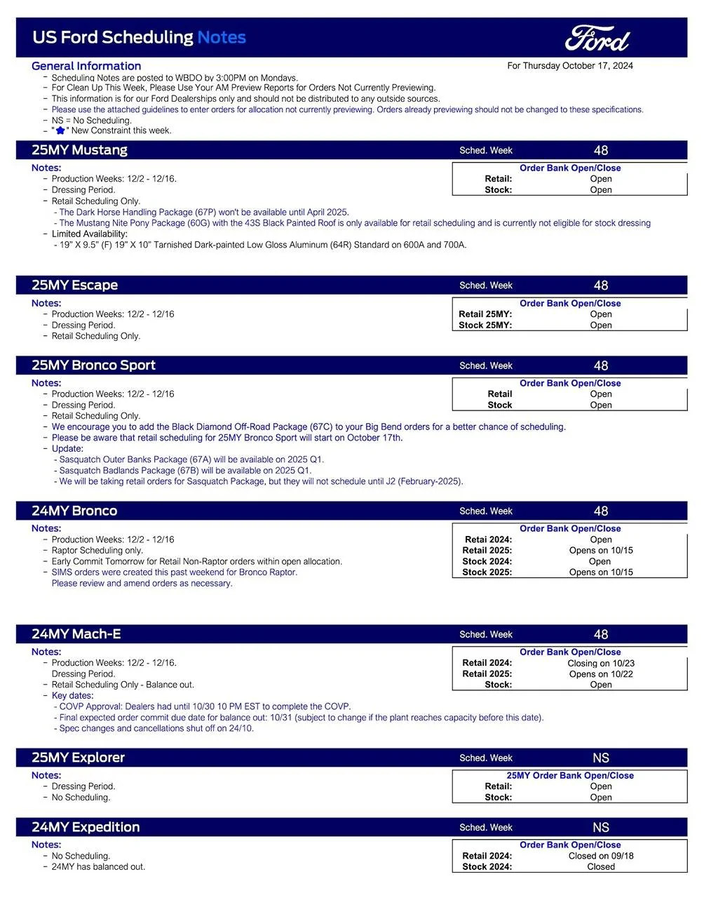 Ford Maverick 2025 Maverick Scheduling This Week (10/17/24) for Production Weeks 12/9 - 12/16 US Ford Scheduling Notes - 10.14.24-1