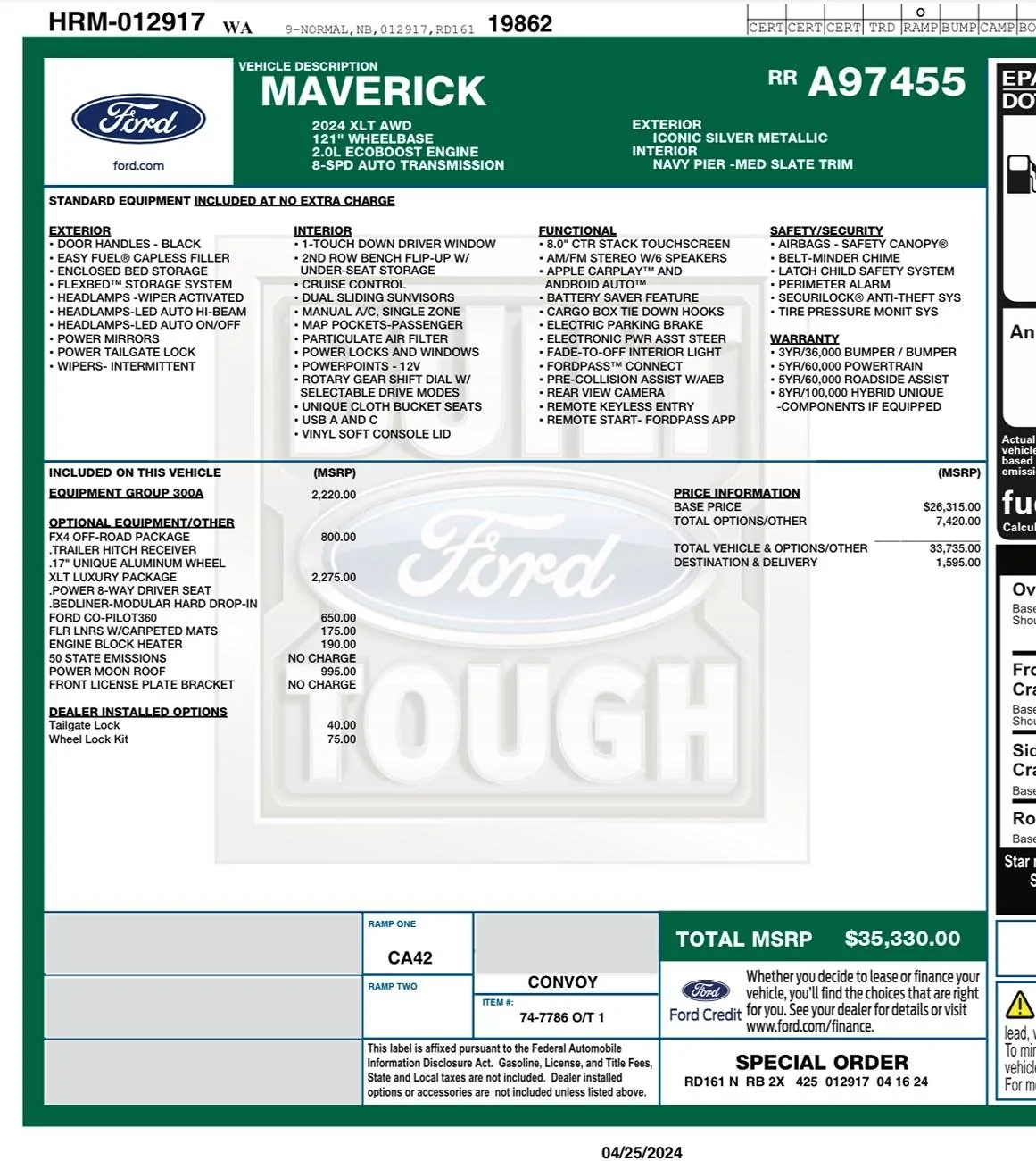 Ford Maverick 2024 Ford Maverick XLT 4x4 4k Tow Order/Delivery Timeline IMG_7950