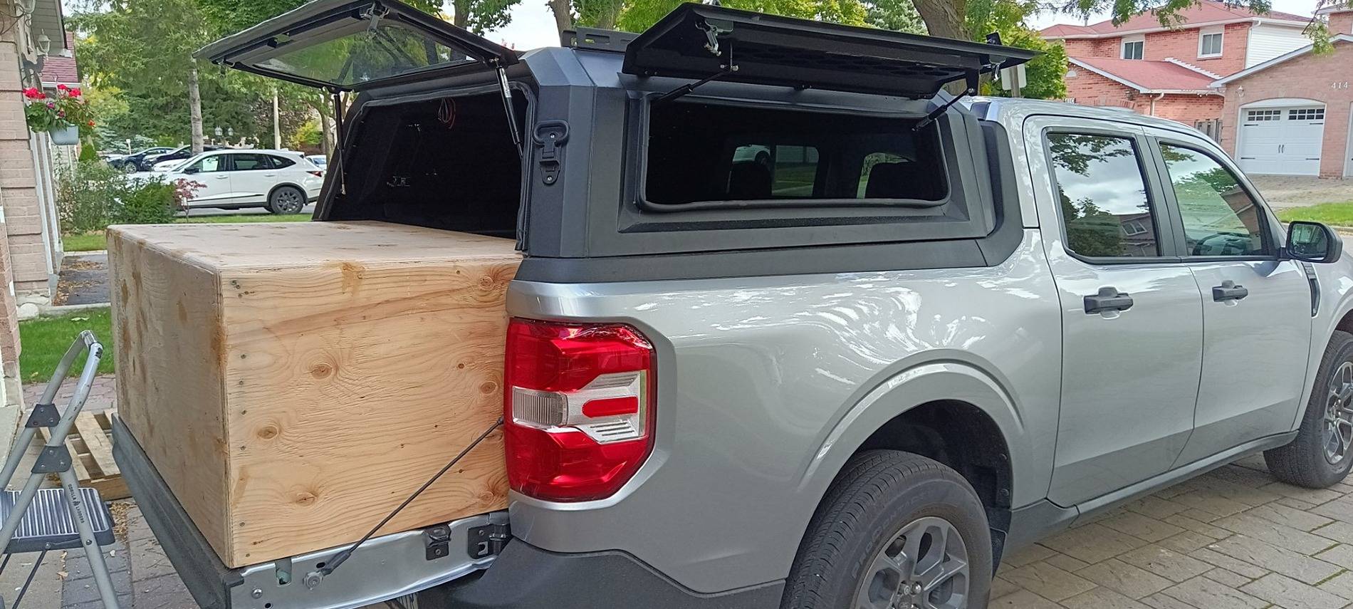 Ford Maverick DIY Maverick bed extender with bed cap for winter ski camping & sleeping.  I use it with a diesel heater in the  -25 celsius  winter. bedbox (6)