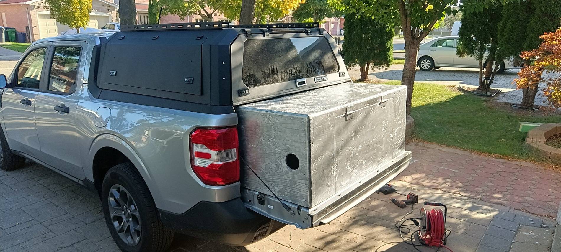 Ford Maverick DIY Maverick bed extender with bed cap for winter ski camping & sleeping.  I use it with a diesel heater in the  -25 celsius  winter. bedbox (10)