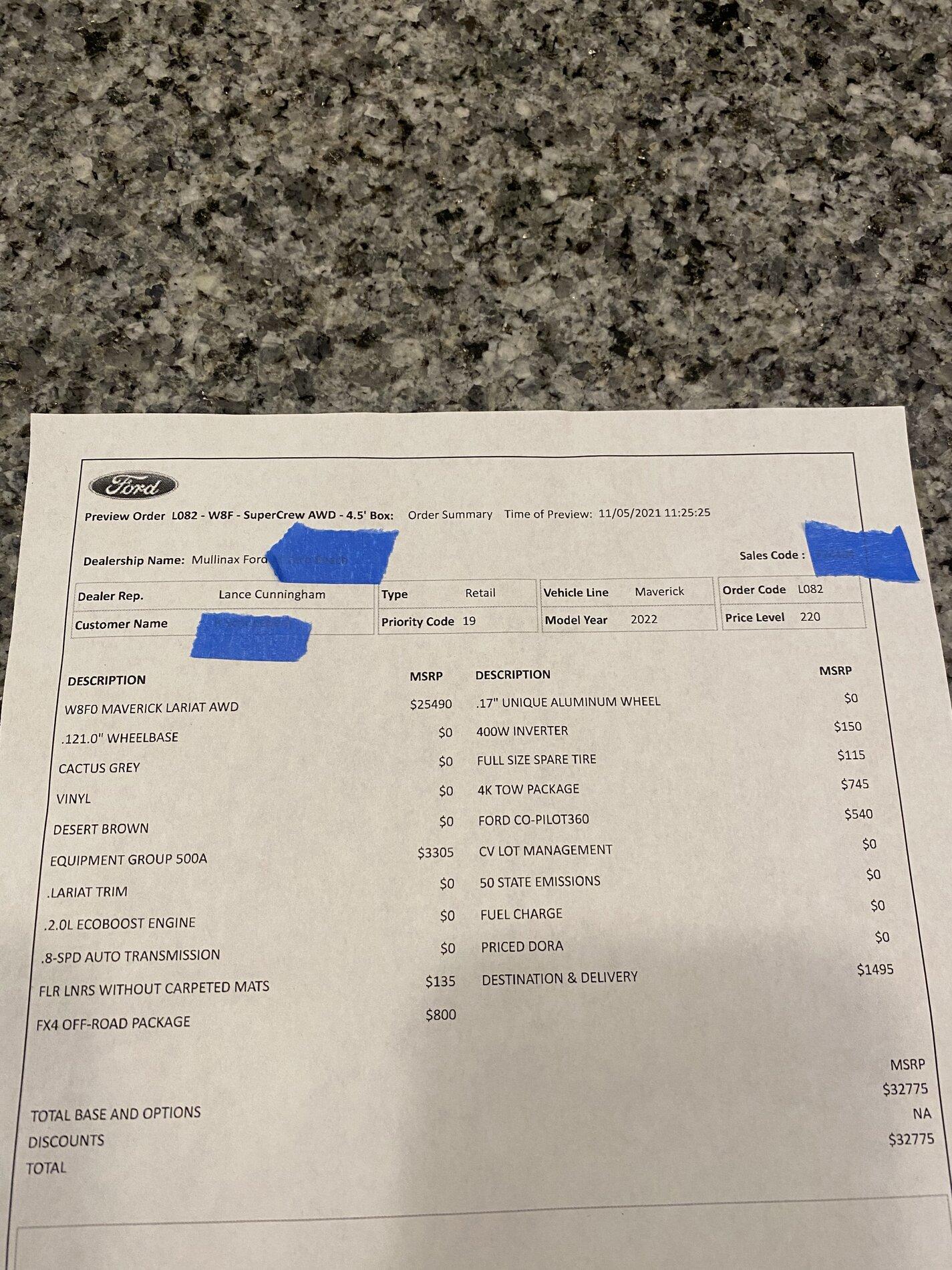 Ford Maverick Question about DORA/order 29EF1181-5ECA-4204-931D-1AB25D24C703