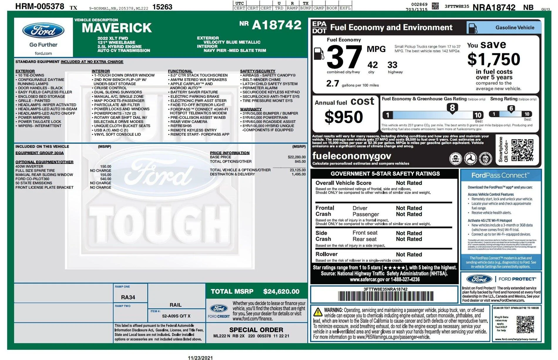 Ford Maverick New Build Date. Window Sticker