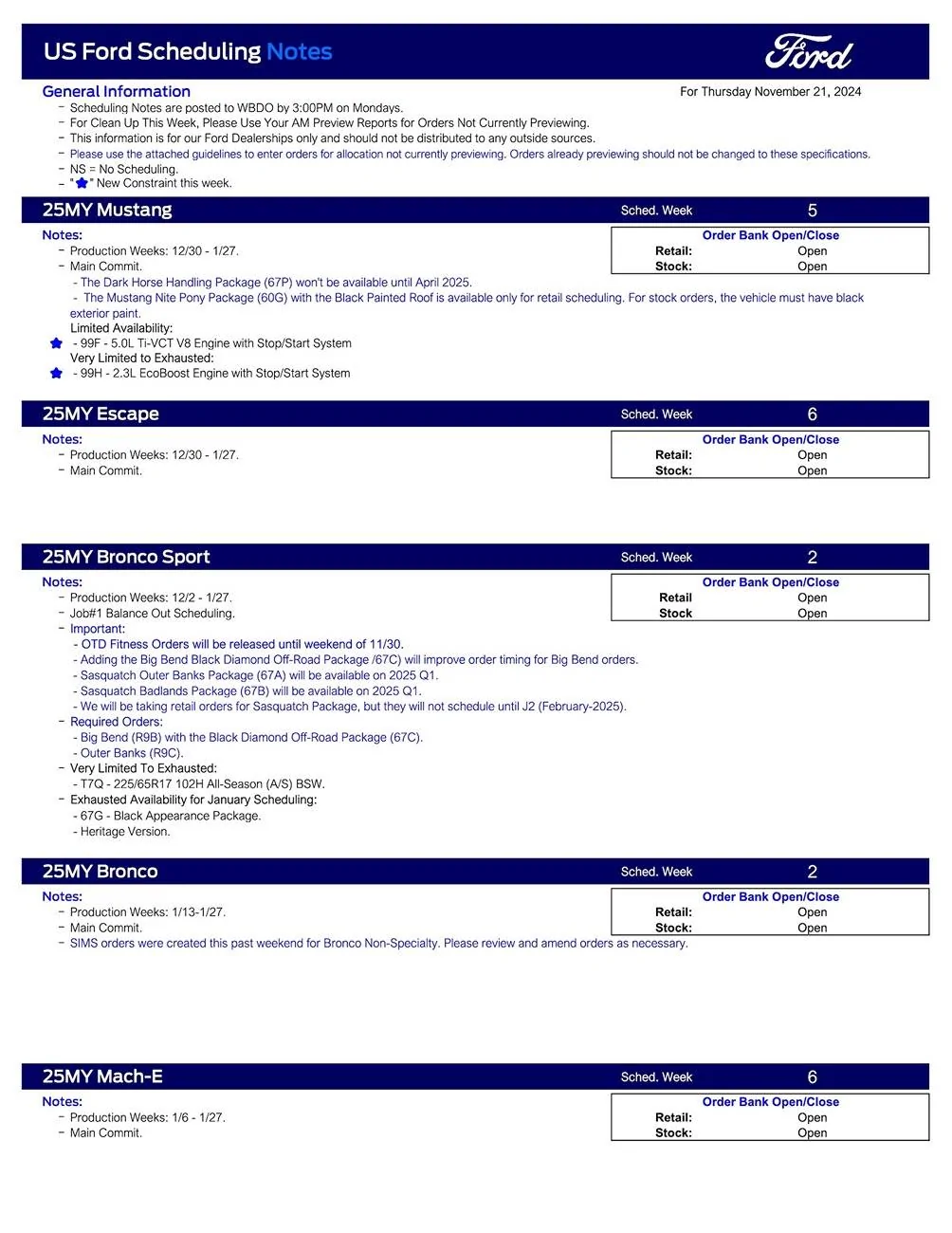 Ford Maverick 2025 Maverick Scheduling This Week (11/21/24) for Production Week 12/2-1/27 US Ford Scheduling Notes - 11.18.24-1