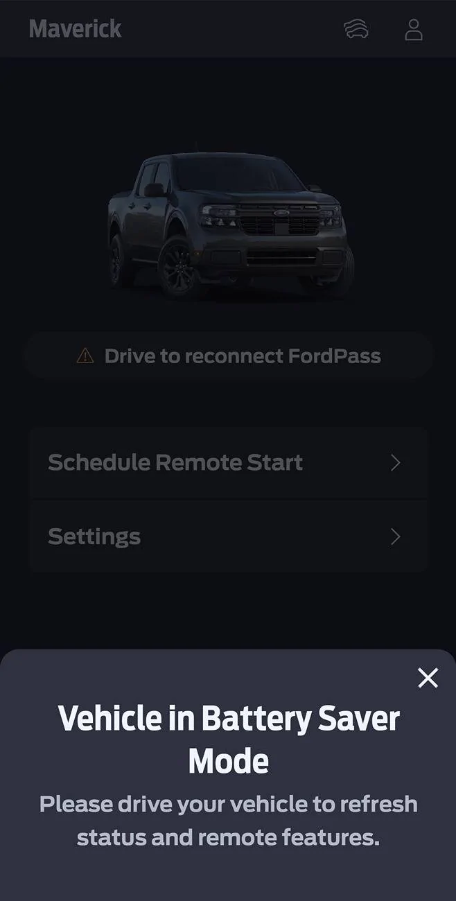 Ford Maverick Vehicle in Battery Save Mode Screenshot