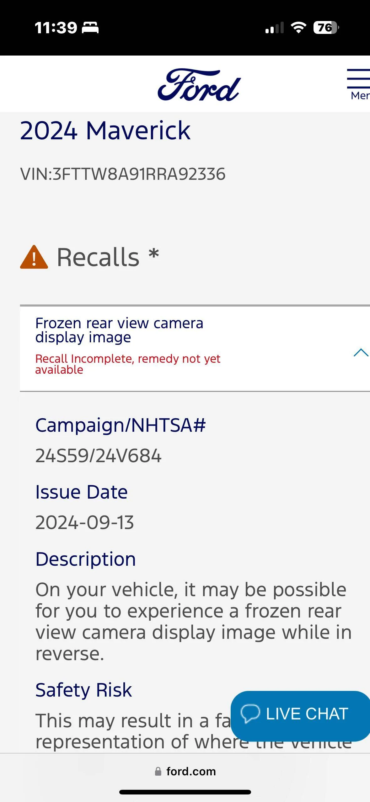 Ford Maverick Update of recall for last recall 24s59 IMG_0240
