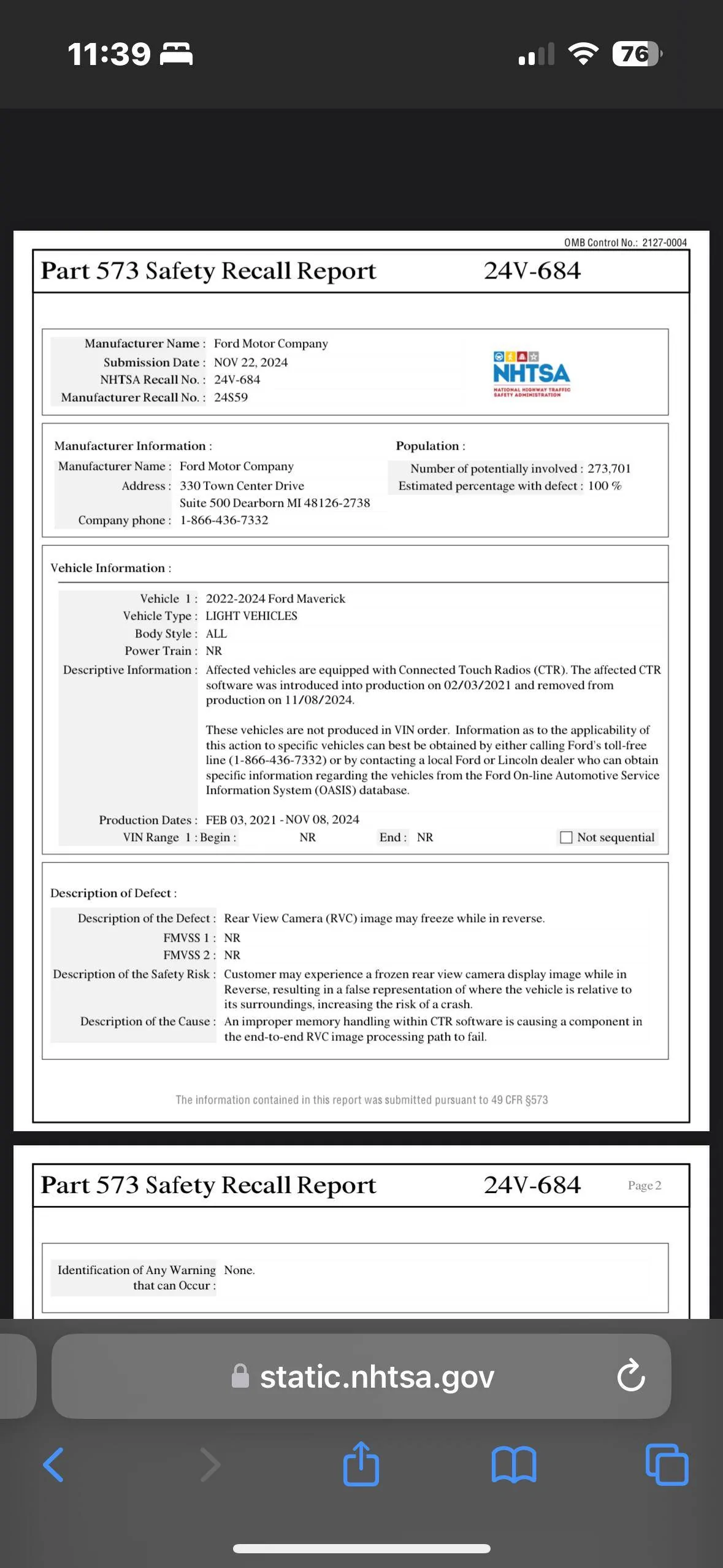 Ford Maverick Update of recall for last recall 24s59 IMG_0239