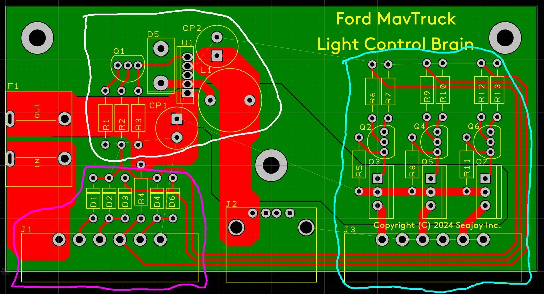 Ford Maverick Interior Ambient / Mood Lighting and Puddle Lights PCB Top Annotated