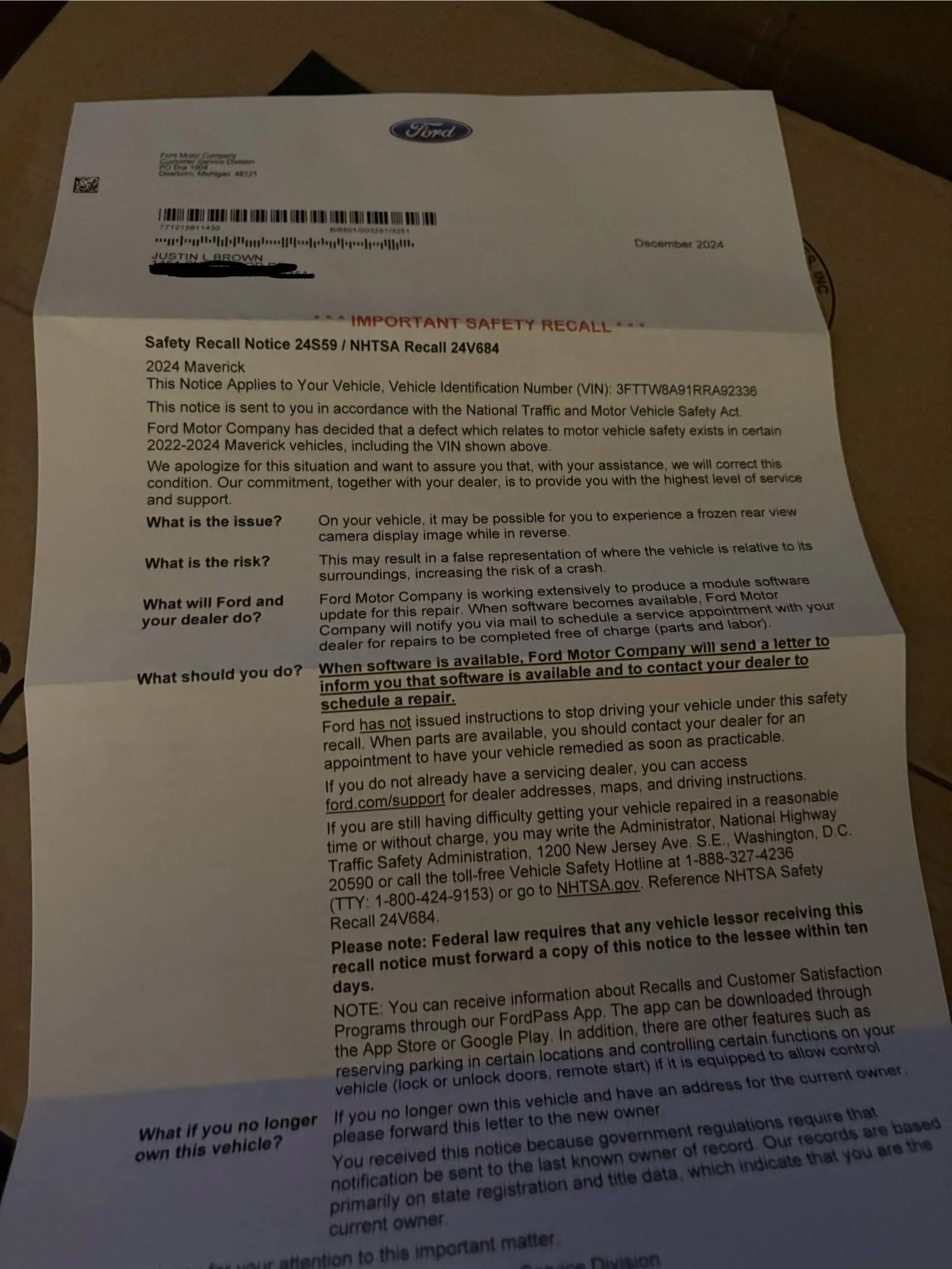 Ford Maverick My first recall letter IMG_0312