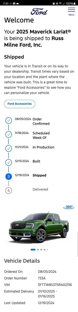 Ford Maverick 2025 Maverick Now Shipping! Received my Shipped update 1000016149