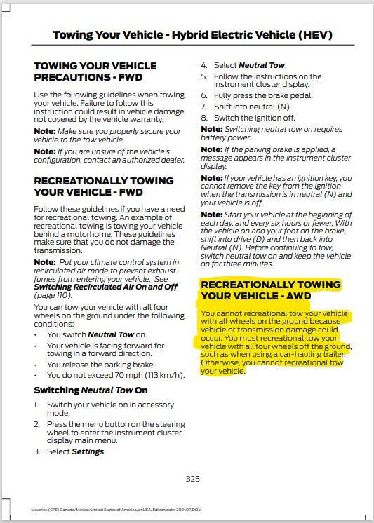 Ford Maverick Can the new 2025 Hybrid AWD be flat towed? Screenshot 2024-12-21 091619