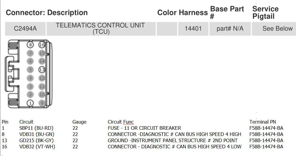Ford Maverick Factory Tracking Devices in Mavericks TCU C2494A Pinout - 16 Position Connector