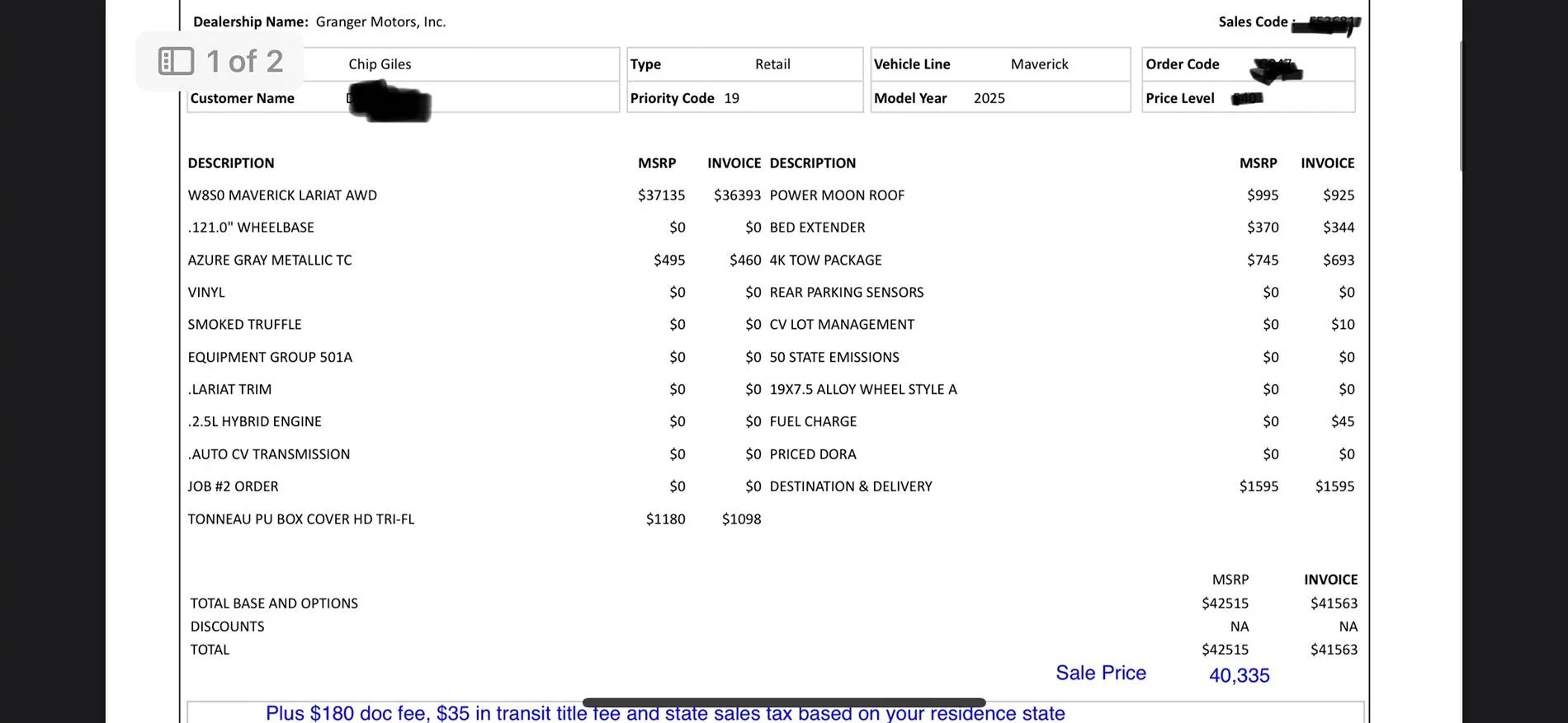 Ford Maverick Finally ordered my Maverick! Invoice for those curious granger deal IMG_3196