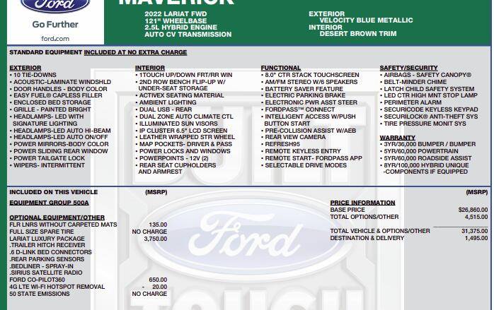 Ford Maverick Picked Up my 2025 Today! MY22 Maverick Lariat base price sticker