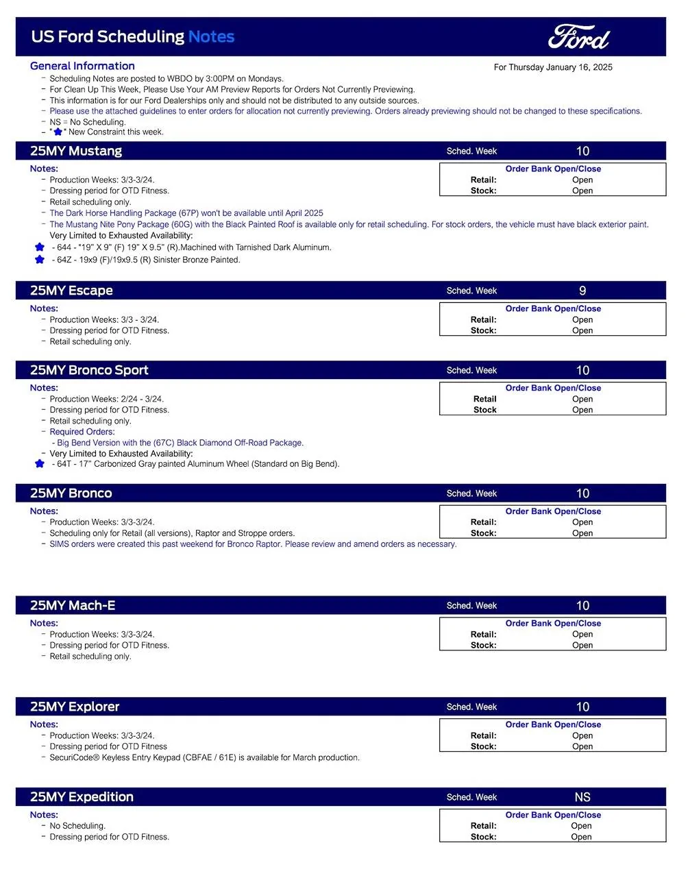 Ford Maverick 2025 Maverick Scheduling This Week (1/16/25) for Production Weeks 2/24 - 3/24/25 US Ford Scheduling Notes - 1.13.25-1