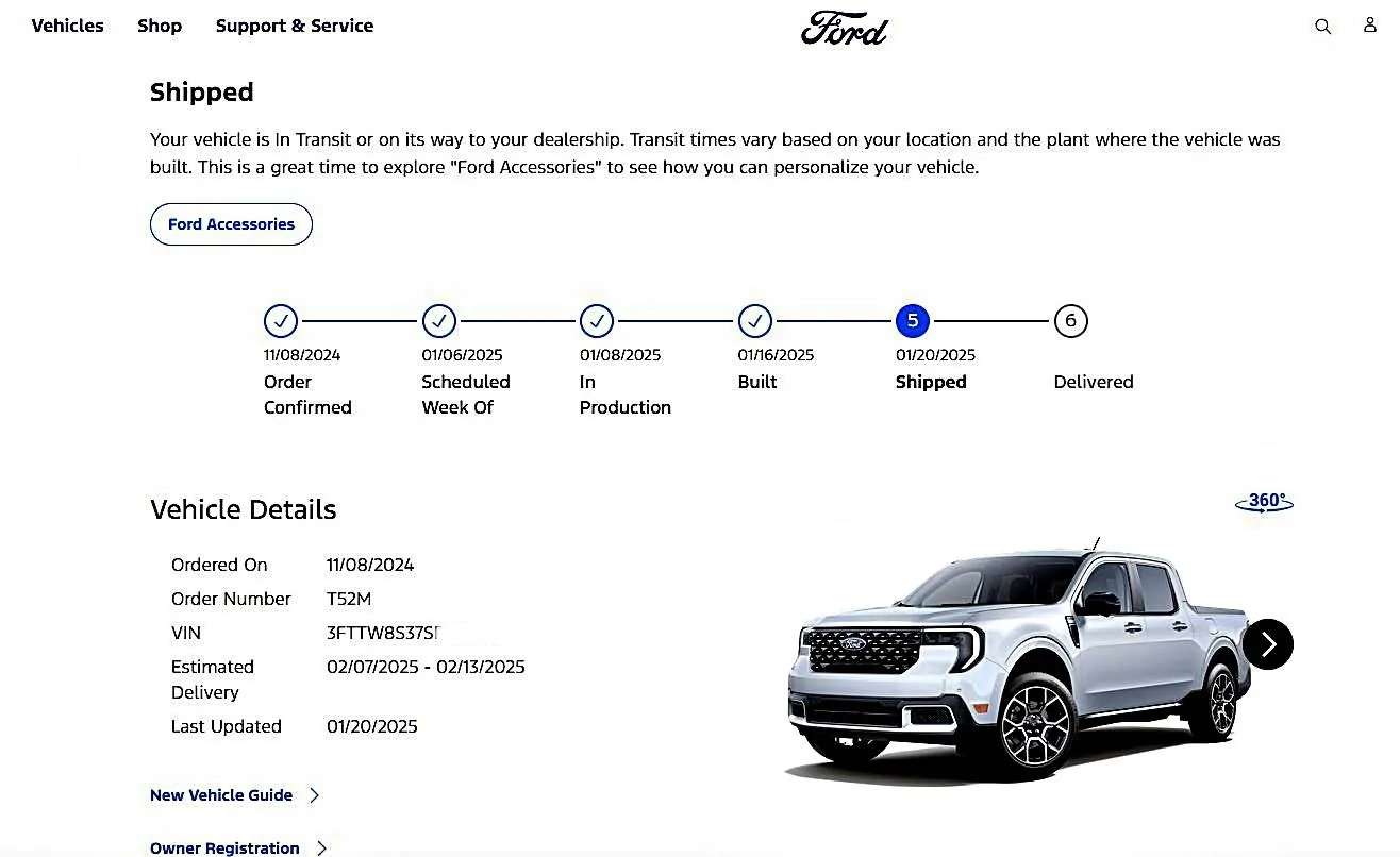 Ford Maverick How long will it take once shipping notification from Ford received ? 1737561159047-j0