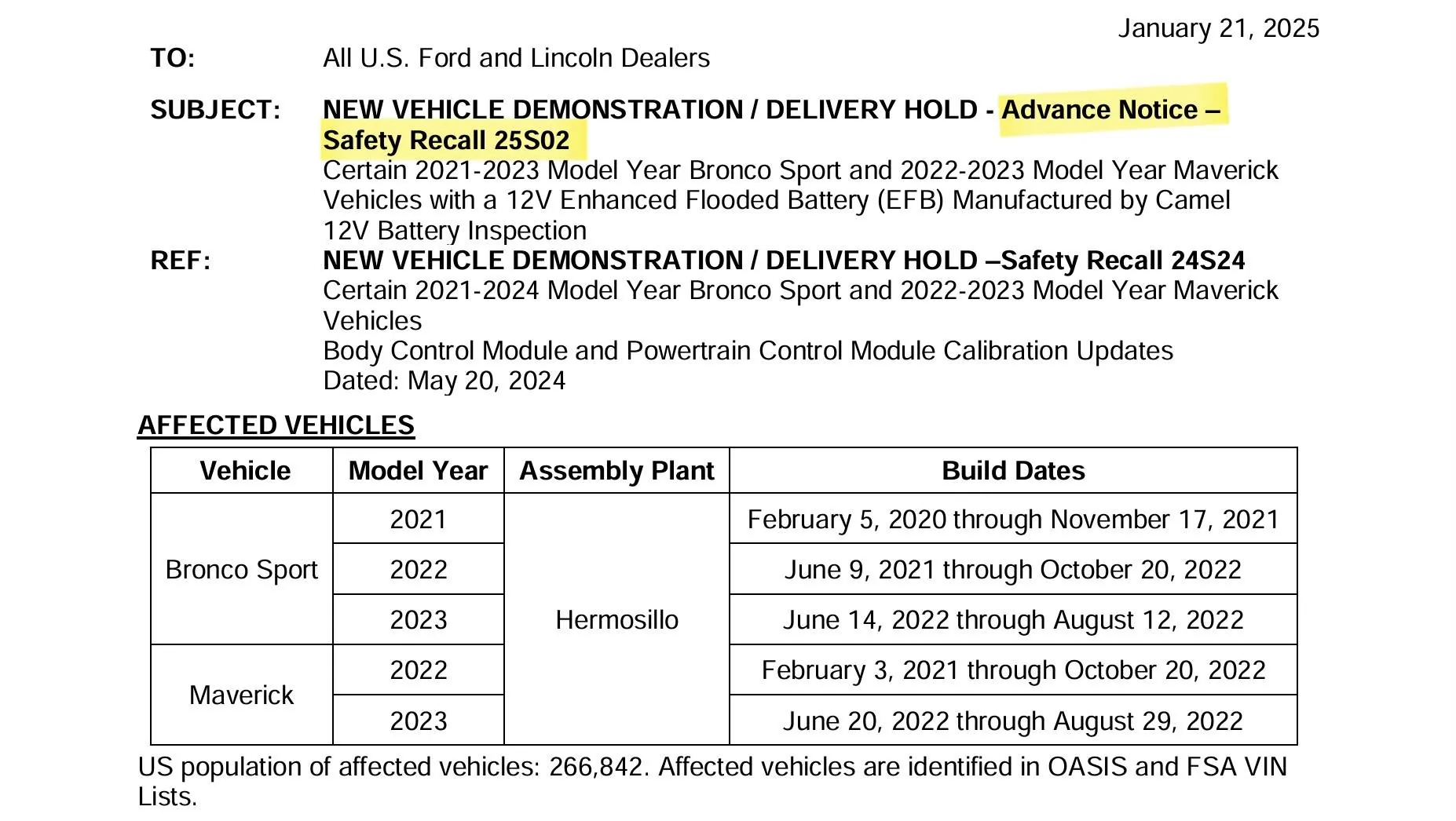 Ford Maverick Recall: 25S02 12V BATTERY INSPECTION 1000021062