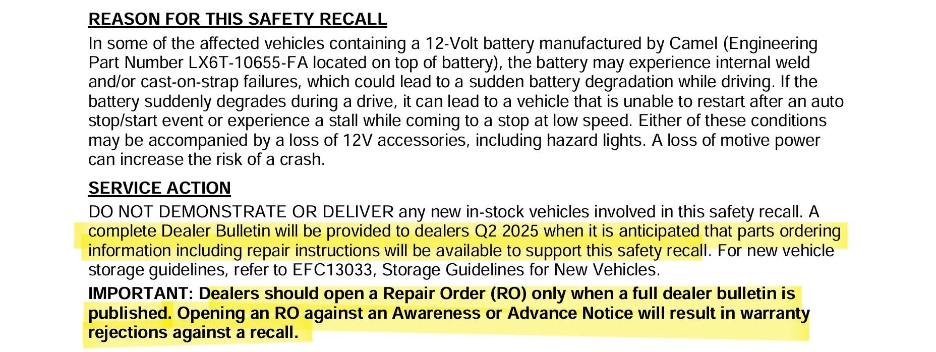 Ford Maverick Recall: 25S02 12V BATTERY INSPECTION 1000021064