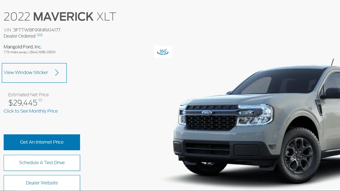 Ford Maverick Dealer has vehicle I ordered listed on their website dealer sticker 2