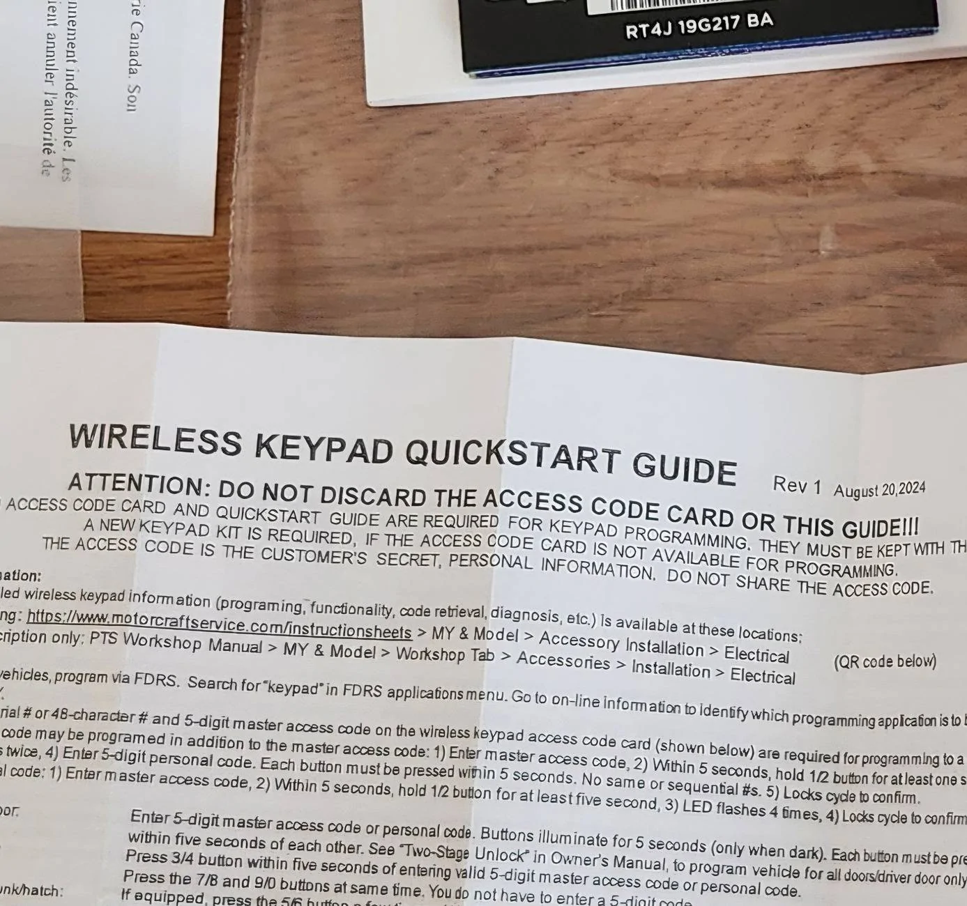 Ford Maverick 2025 securicode keypad issue 1000033150