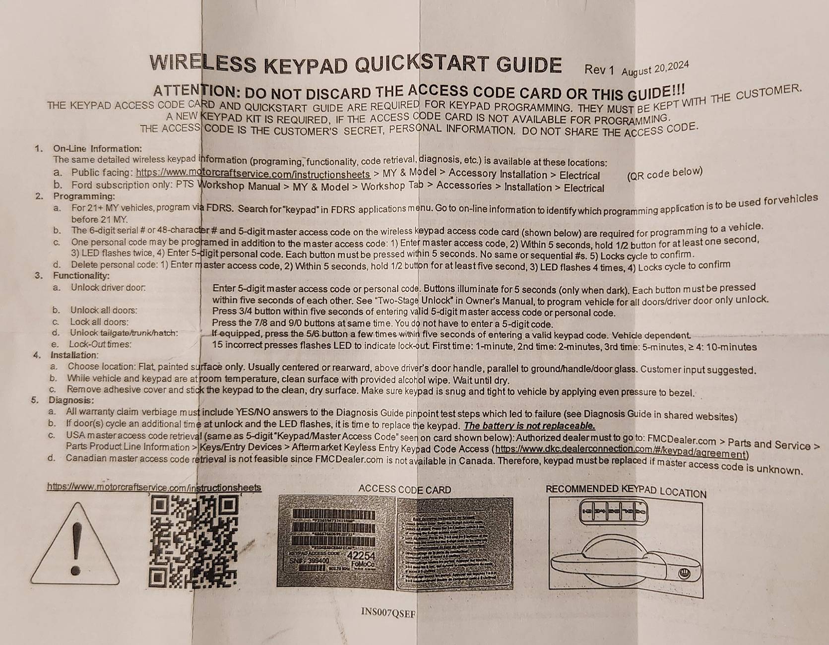 Ford Maverick 2025 securicode keypad issue 1000033166