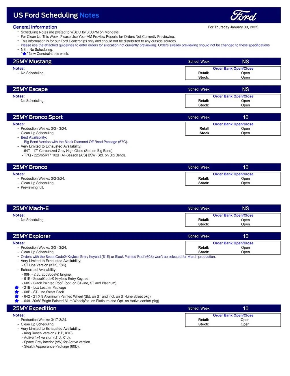 Ford Maverick 2025 Maverick Scheduling This Week (1/30/25) for Production Weeks 3/3 - 3/24 US Ford Scheduling Notes - 1.27.25-1