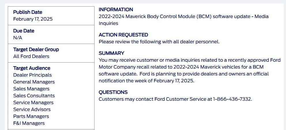 Ford Maverick Camera recall …any news [update: recall issued] Screenshot 2025-02-19 105133