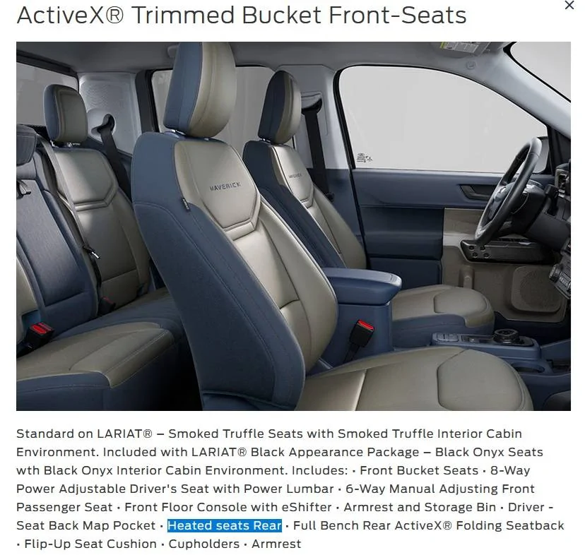 Ford Maverick Does the Lariat Actuall come with heated back seats as show here on the ford site? heated rear seats