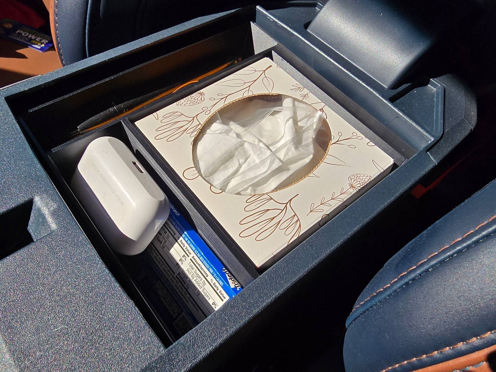 Ford Maverick New Center Console Organizer 3D Print - Designed one to hold a tissue box with a large storage hidden under the tissue box, 3D Printed 20250223_120342